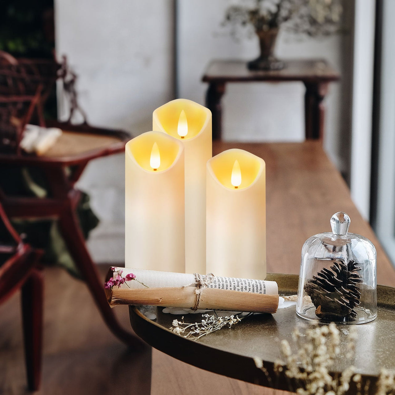 Aki Flameless LED Candles - Set of 5 Ivory Battery Operated Candles with Remote Timers