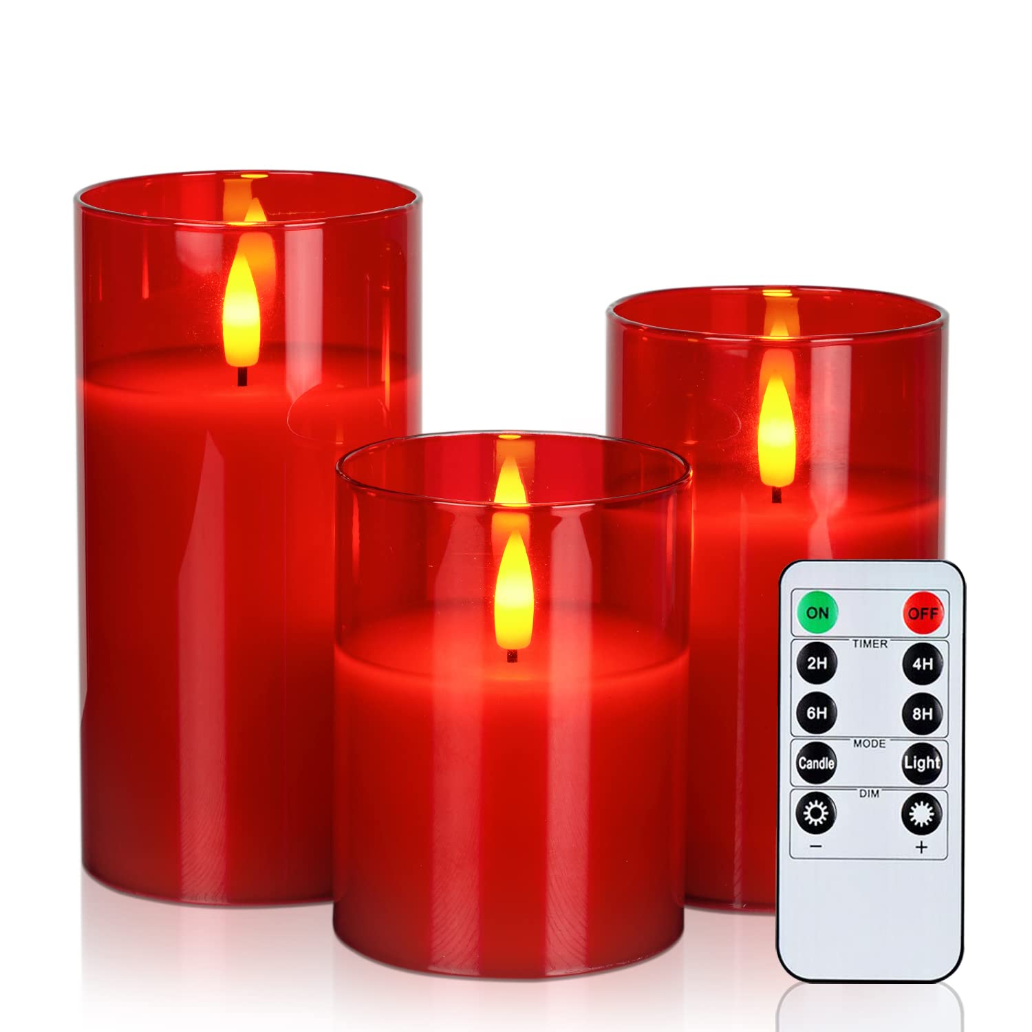 Klara Red Flameless LED Candles with Timer and Remote Control – Battery Pillar Set (3 Pieces, Sizes 3"D x 4"H and 5"H)