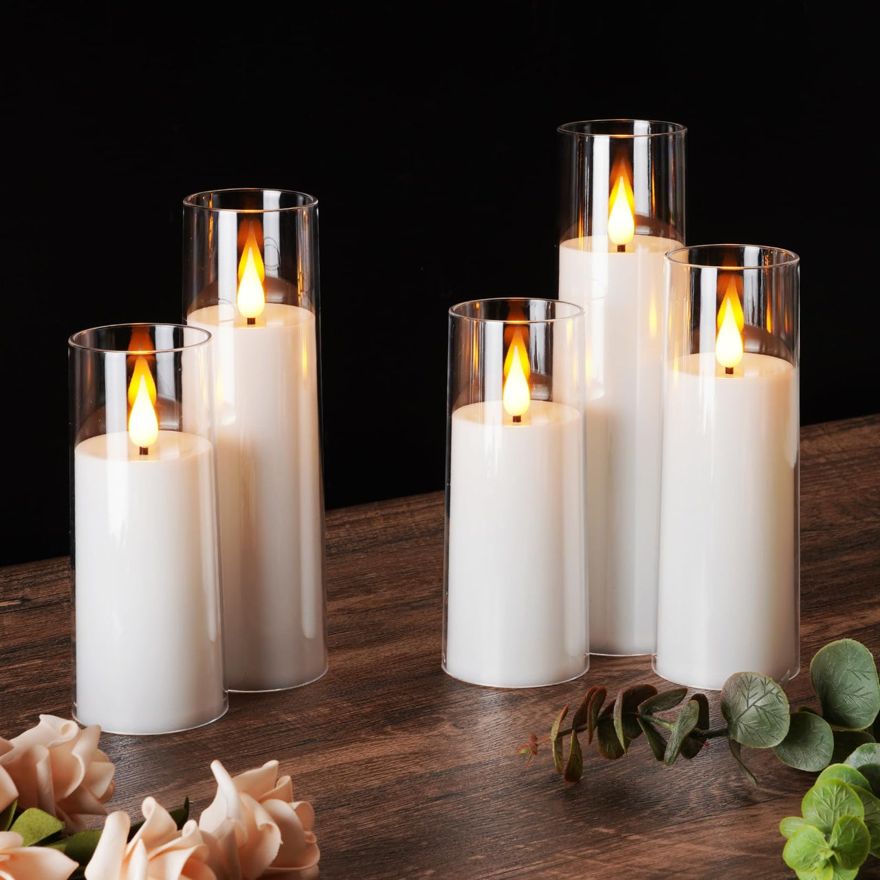 Akemi White Flameless Candles - Battery Operated, LED Pillar Set of 5 with Remote Control and Timer