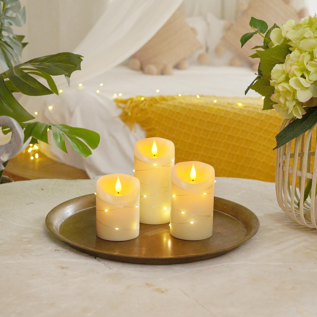 Hana Flameless Candles with Twinkling Fairy String Lights - Set of 3 LED Candles, Remote Control & Timer in Ivory White