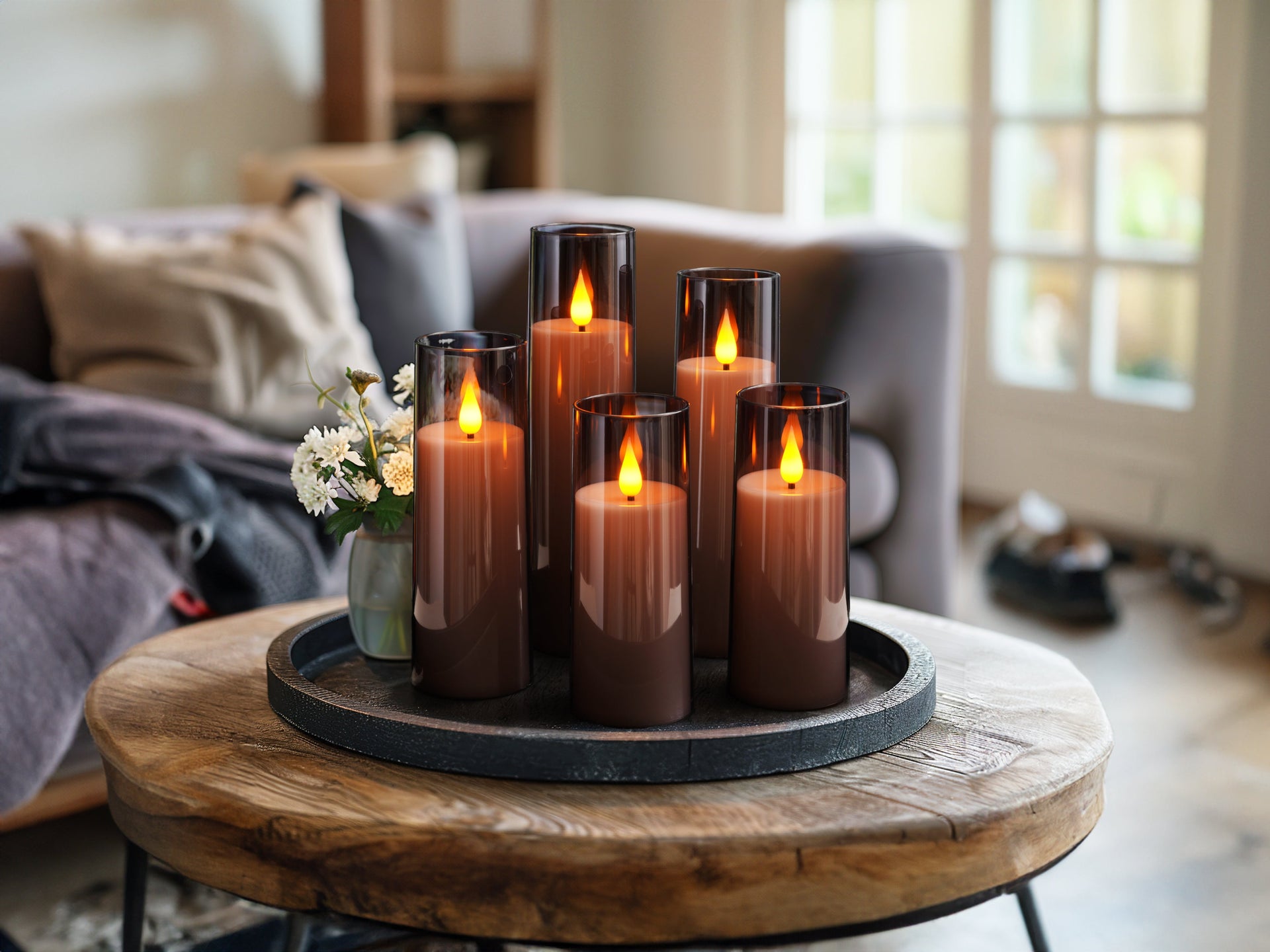 Itsuki Flameless LED Pillar Candles - Set of 5 Battery Operated Flickering Lights with Remote & Timer