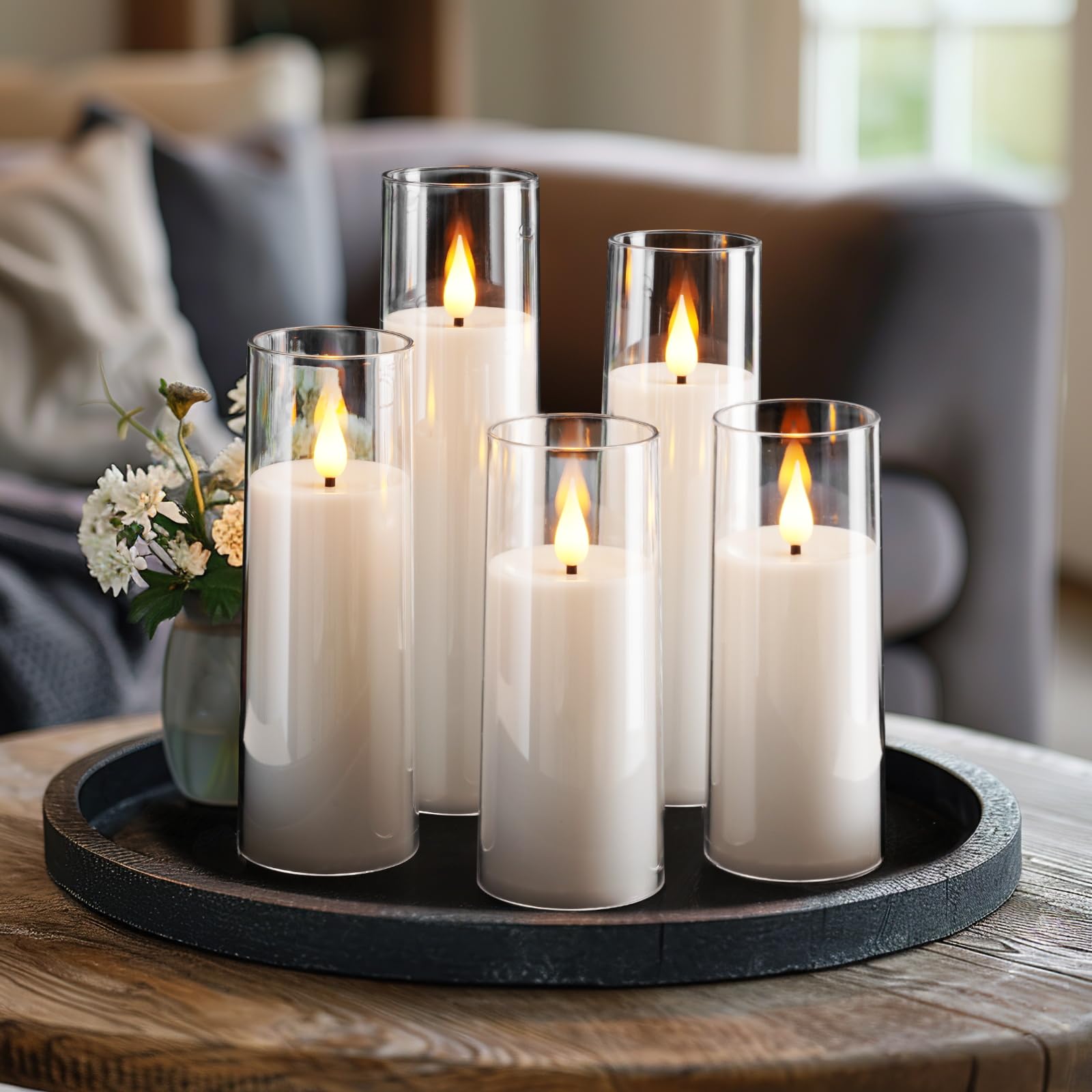 Akemi White Flameless Candles - Battery Operated, LED Pillar Set of 5 with Remote Control and Timer