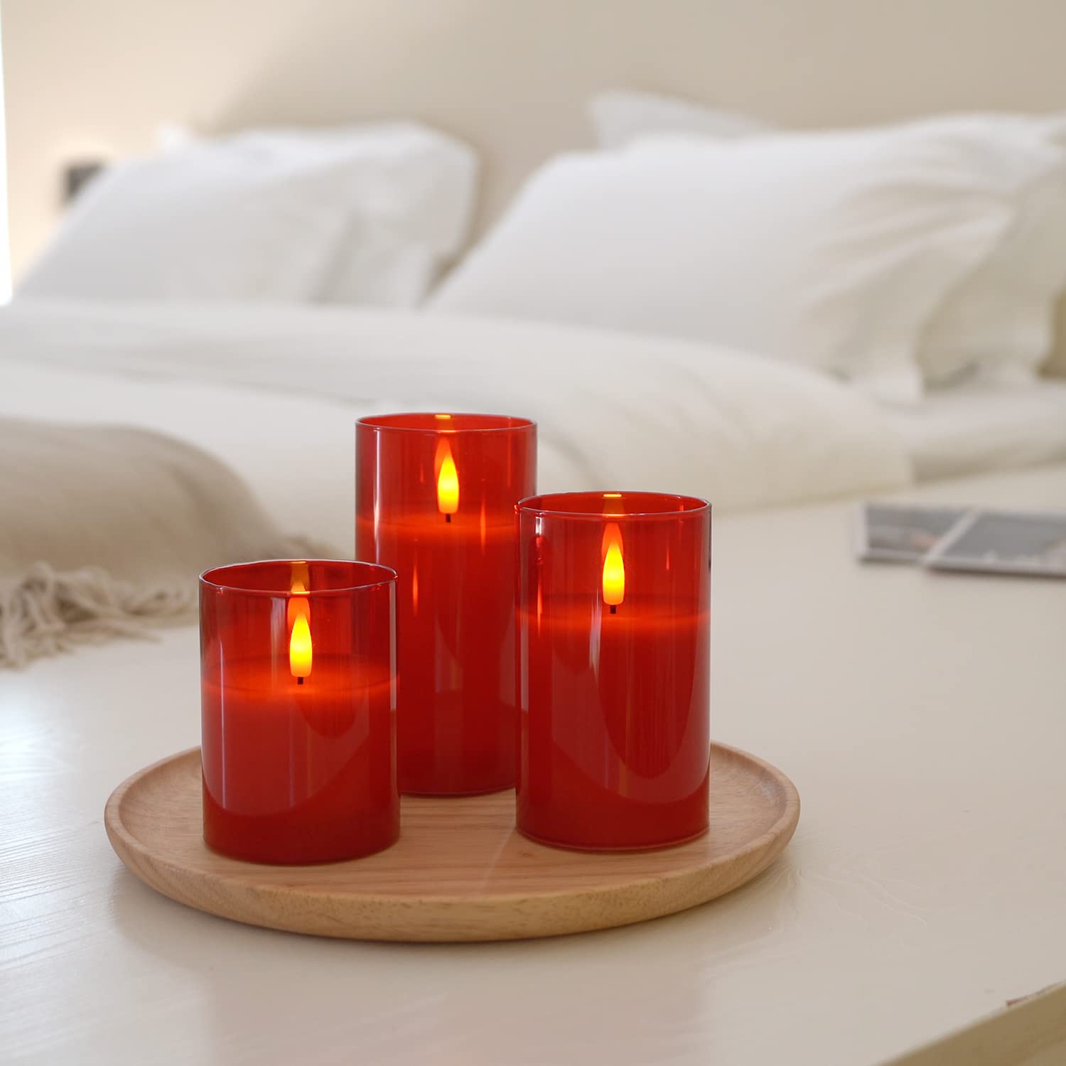 Klara Red Flameless LED Candles with Timer and Remote Control – Battery Pillar Set (3 Pieces, Sizes 3"D x 4"H and 5"H)