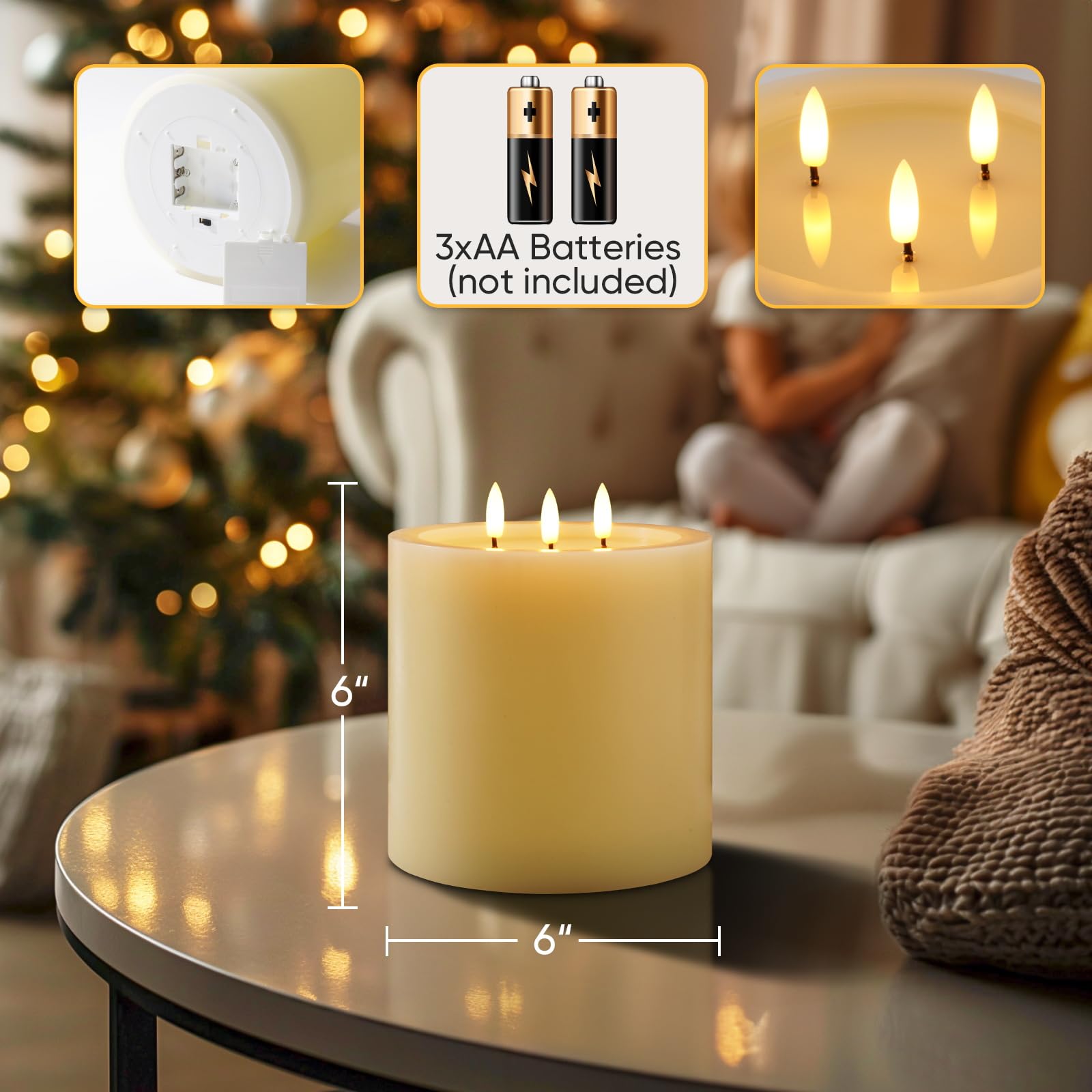 Souta Extra Large Flameless Candles – 3 Wicks, Remote Control, Timers – 6" LED Pillar