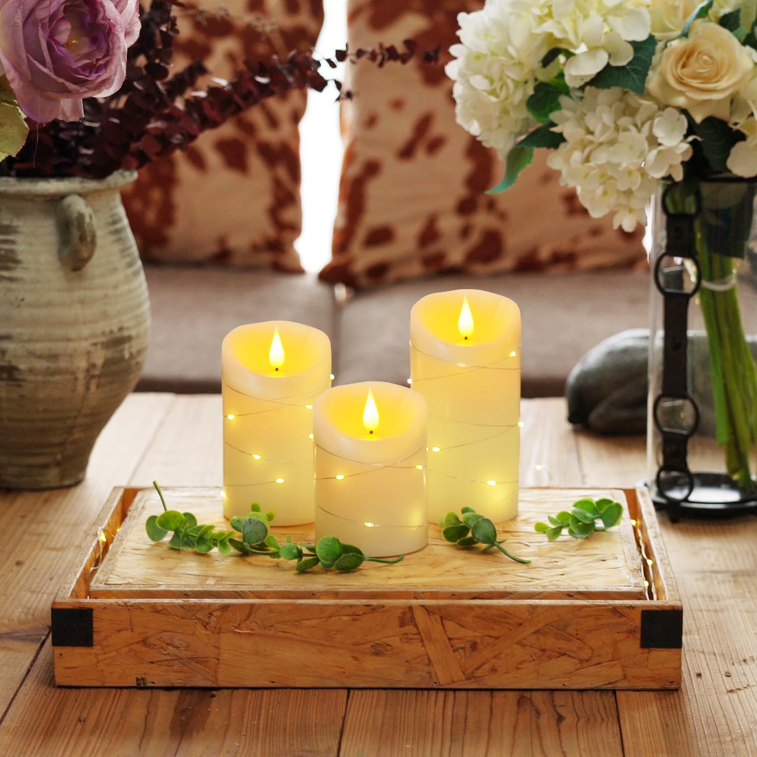 Hana Flameless Candles with Twinkling Fairy String Lights - Set of 3 LED Candles, Remote Control & Timer in Ivory White