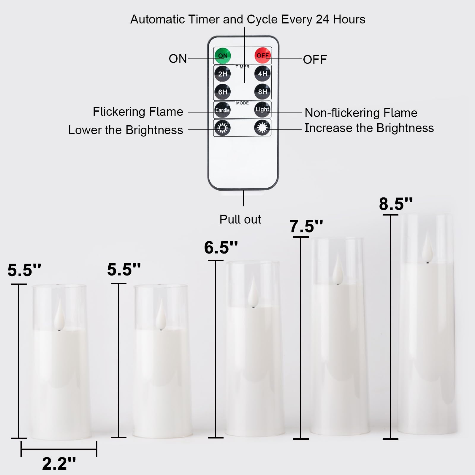 Akemi White Flameless Candles - Battery Operated, LED Pillar Set of 5 with Remote Control and Timer